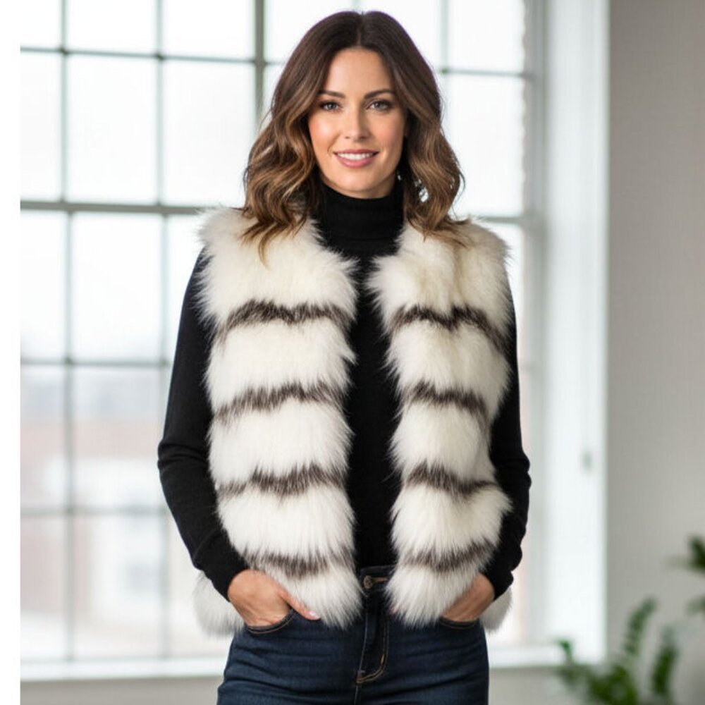 TASHA TARNO Knit Genuine Frost Fox Fur Vest, Womens Size Small
